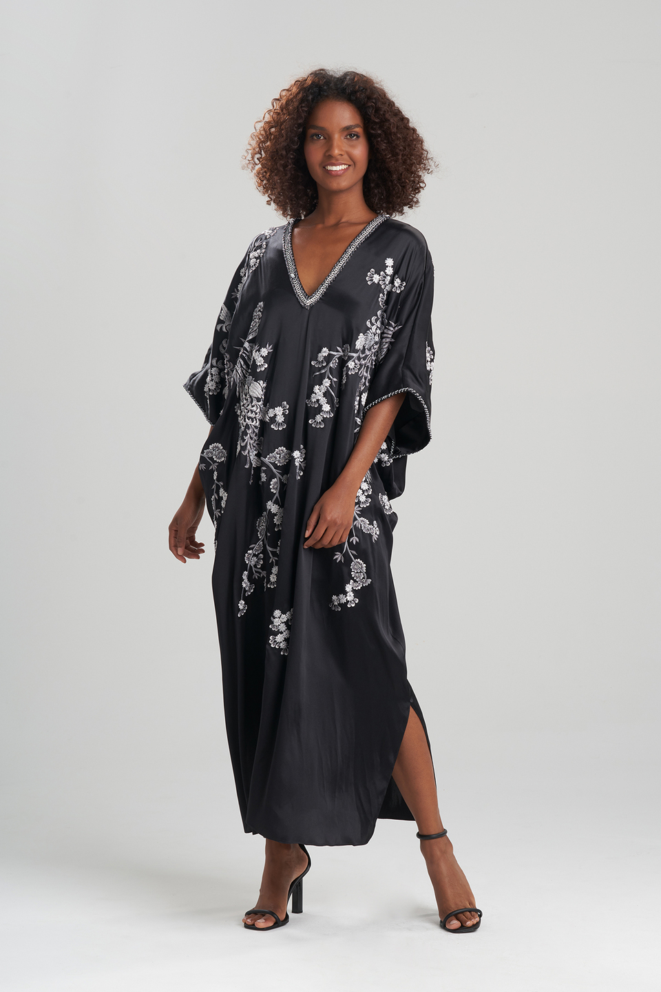 Couture Black Silk Embroidered Caftan Black by Josie Natori 80114.1630611824