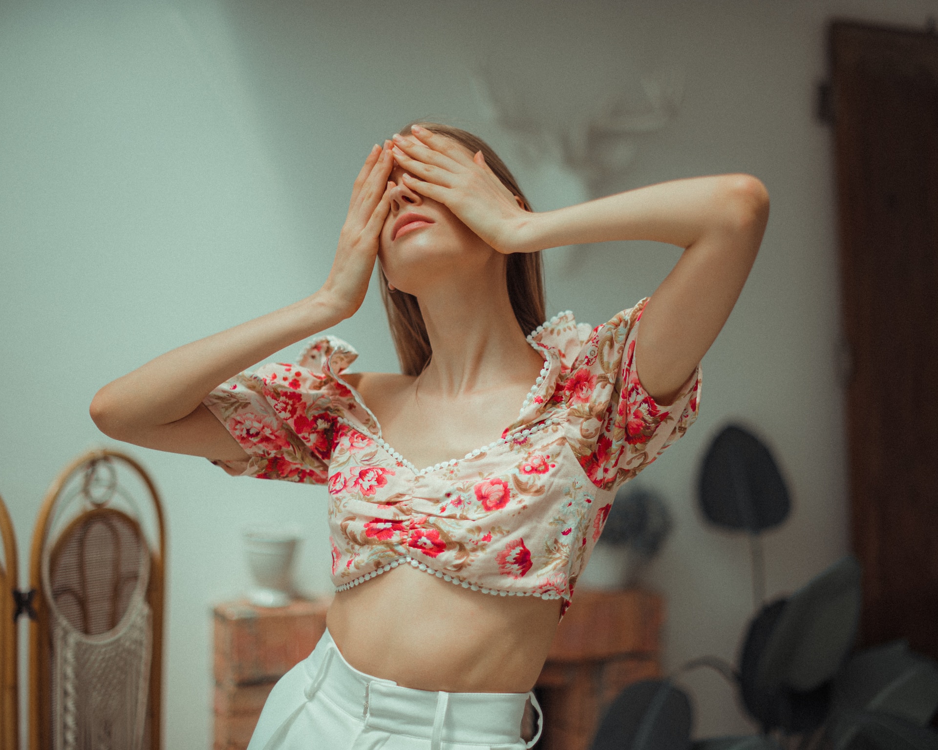 woman in floral top
