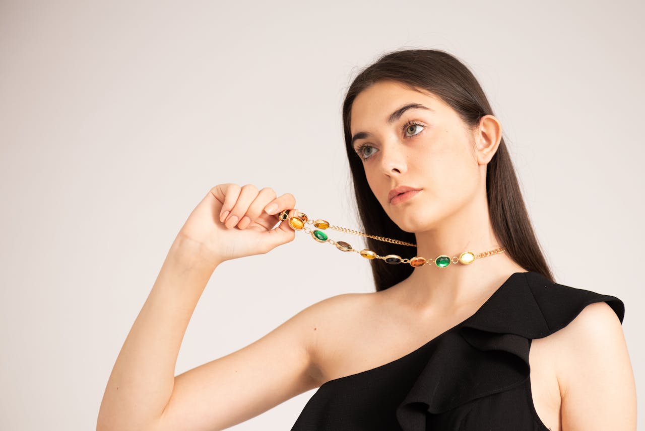 Woman showcasing her necklace